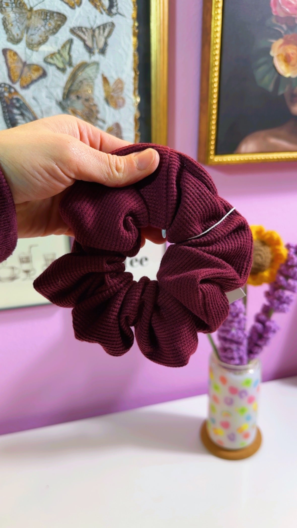Cranberry Waffle Knit Handmade XL Scrunchie