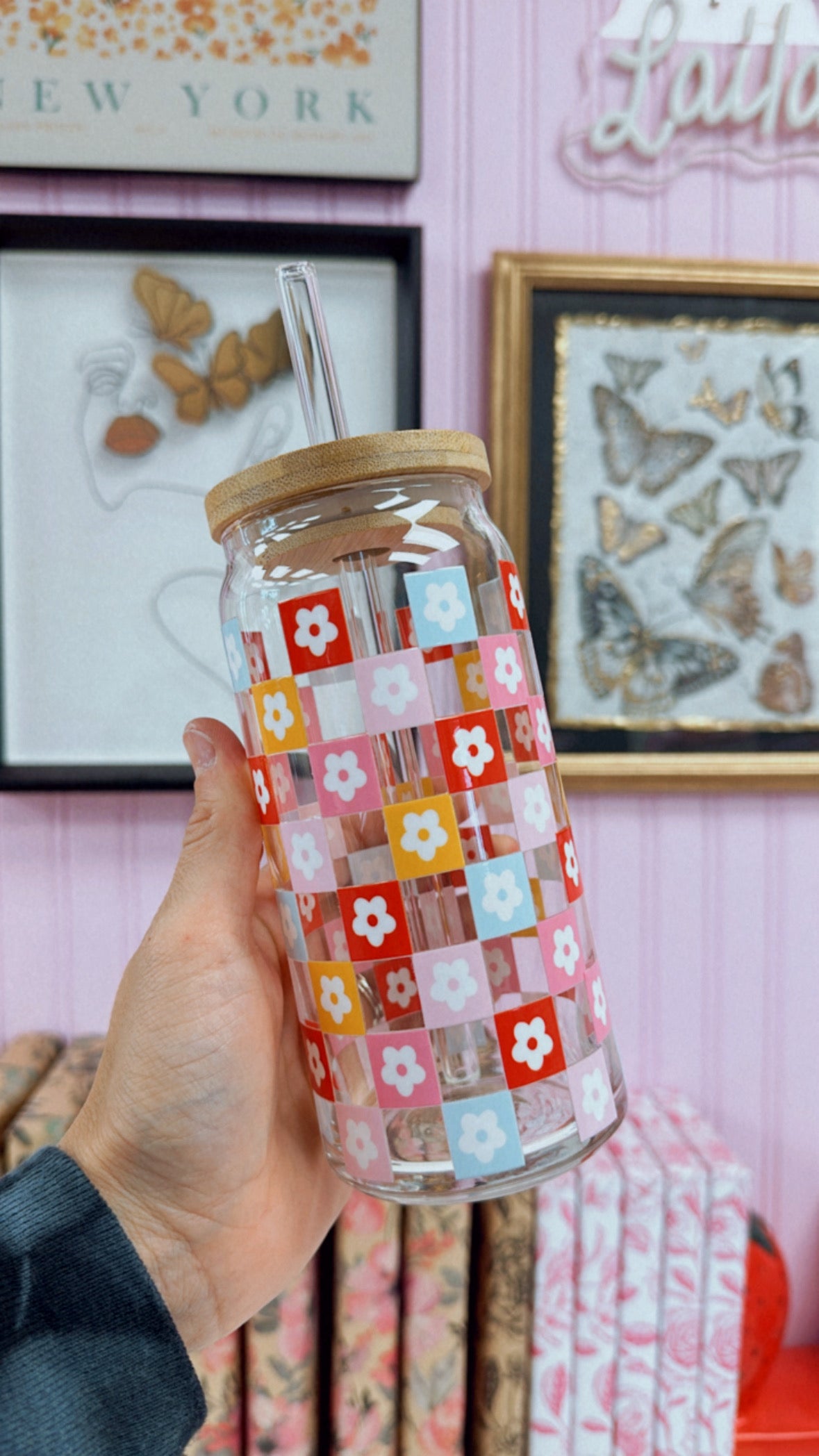 Flower Checkered 20 oz Glass