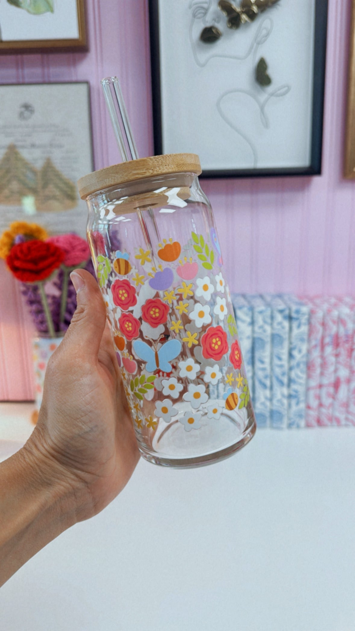 Summer Butterfly Florals 20 oz Glass