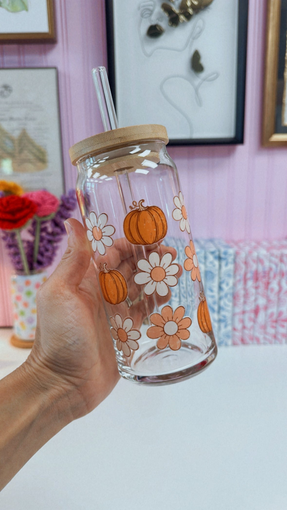 Floral Pumpkins 20 oz Glass Can