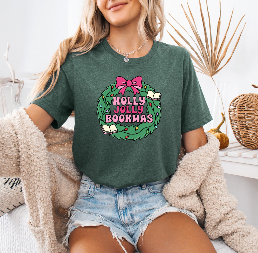 Holly Jolly Bookmas T-shirt (Heather Emerald)