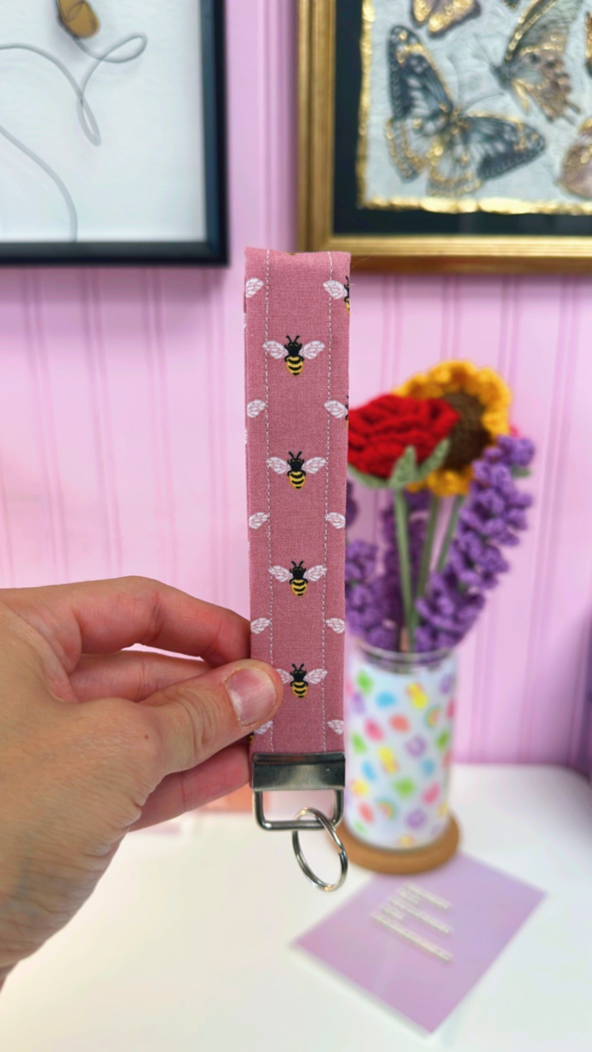 Pink Bees Keychain Wristlet