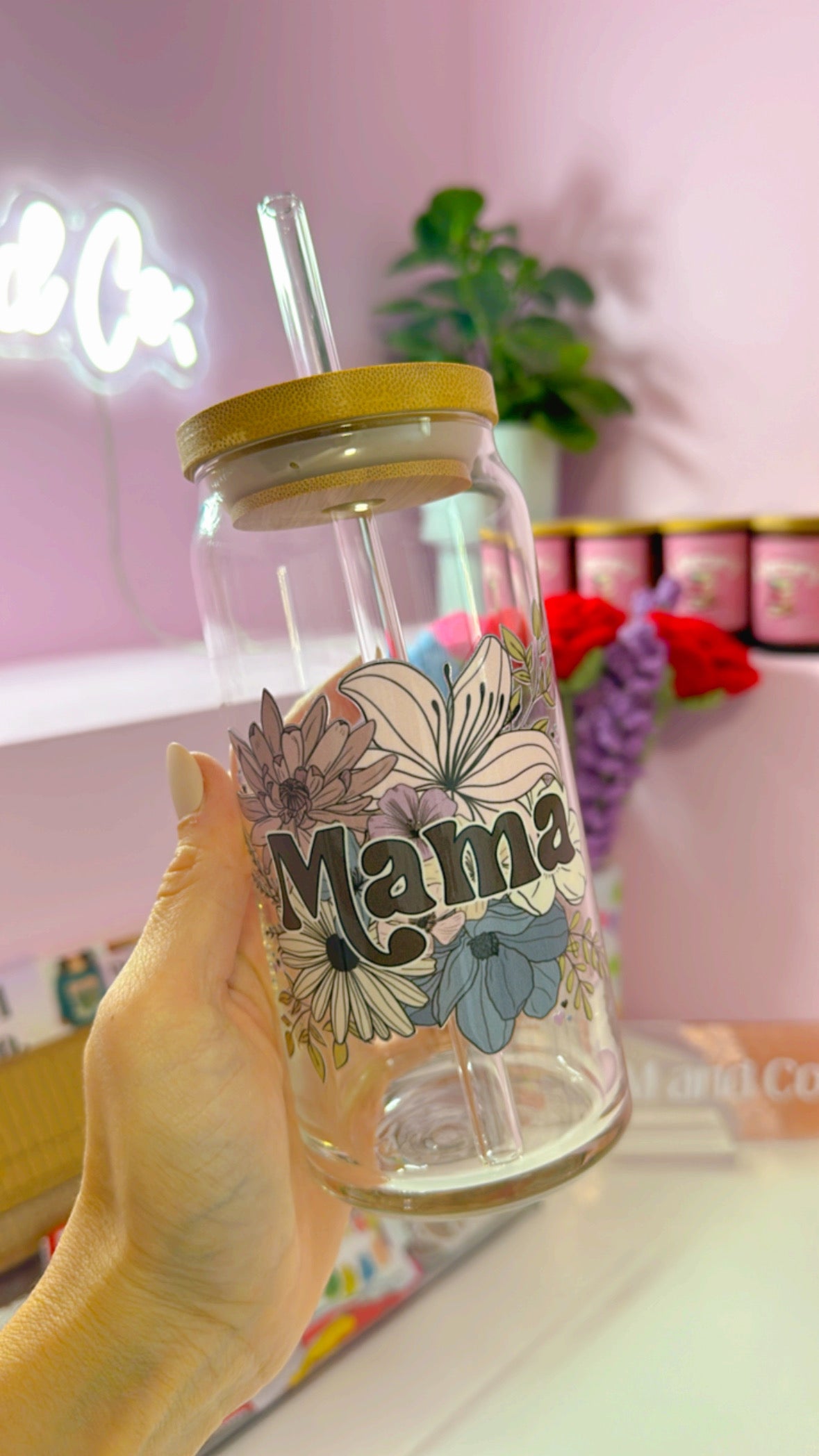 Floral Mama 20 oz Glass Can