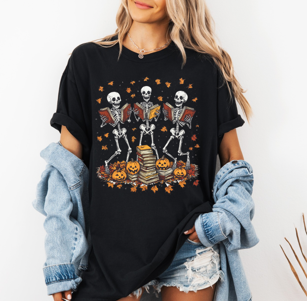 Dancing Skeletons with Books T-shirt (Black)