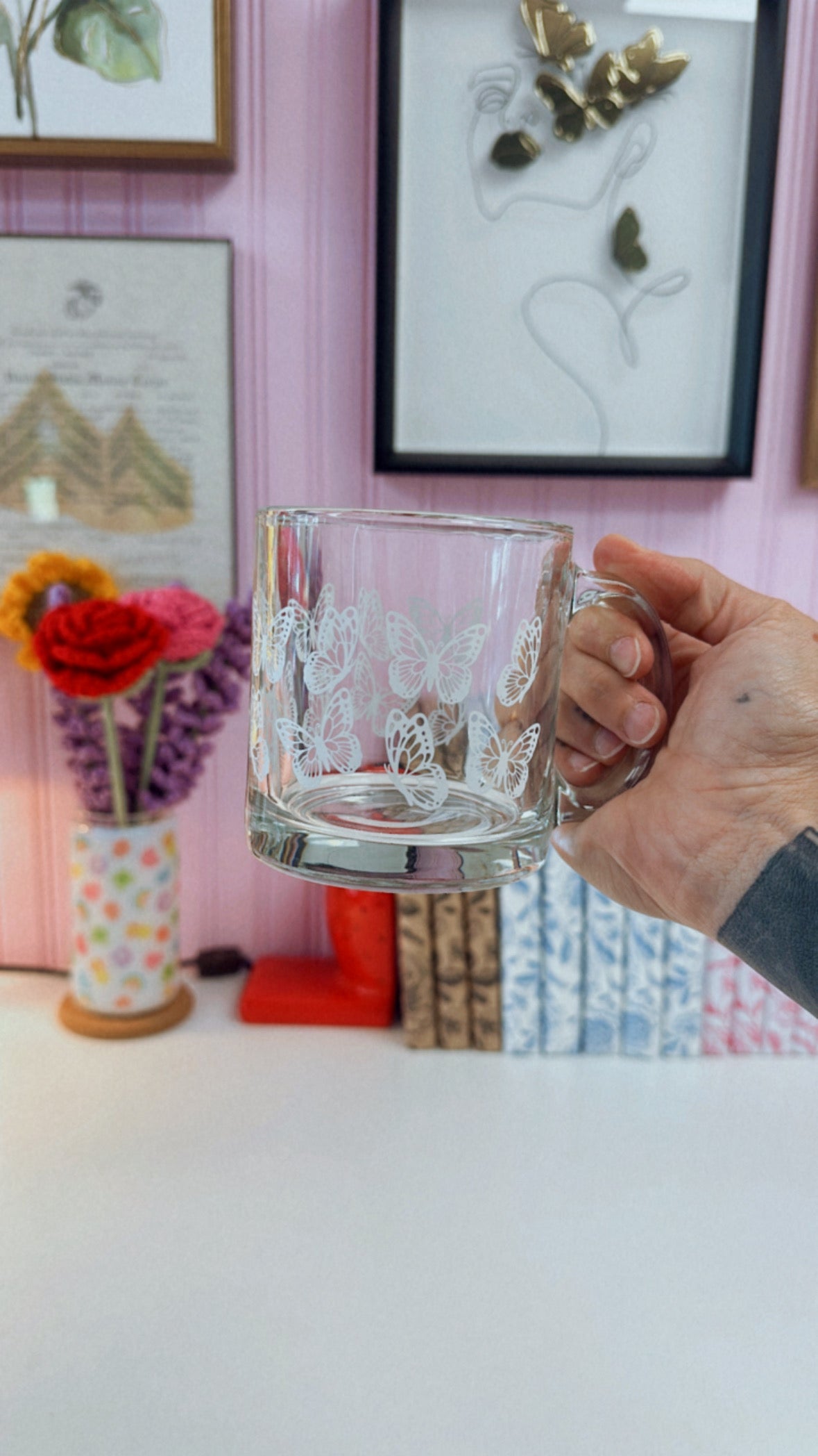 White Butterflies 13oz Glass Mug