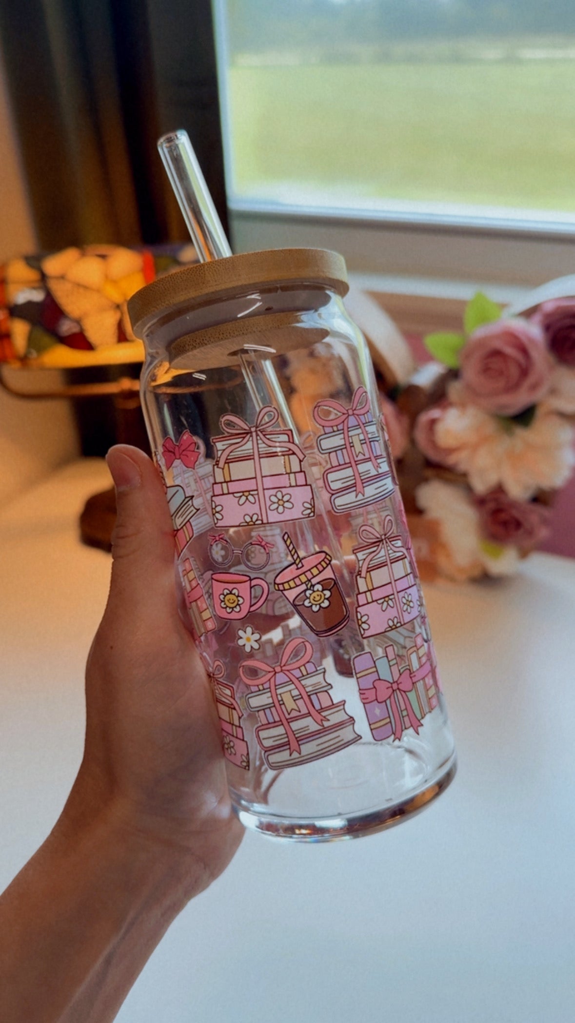 Pink Books and Coffee 20 oz Glass