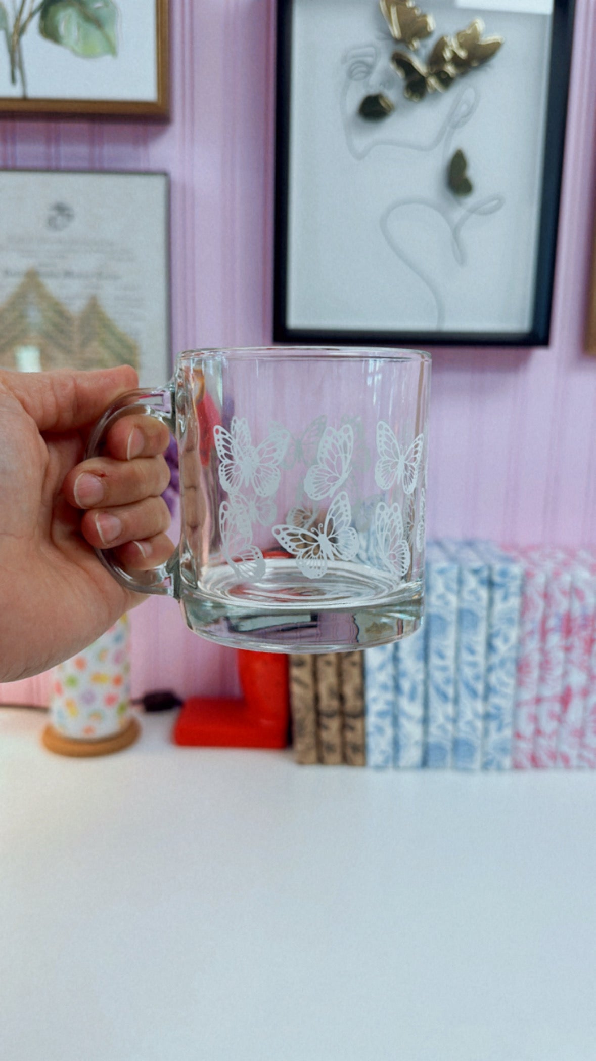 White Butterflies 13oz Glass Mug
