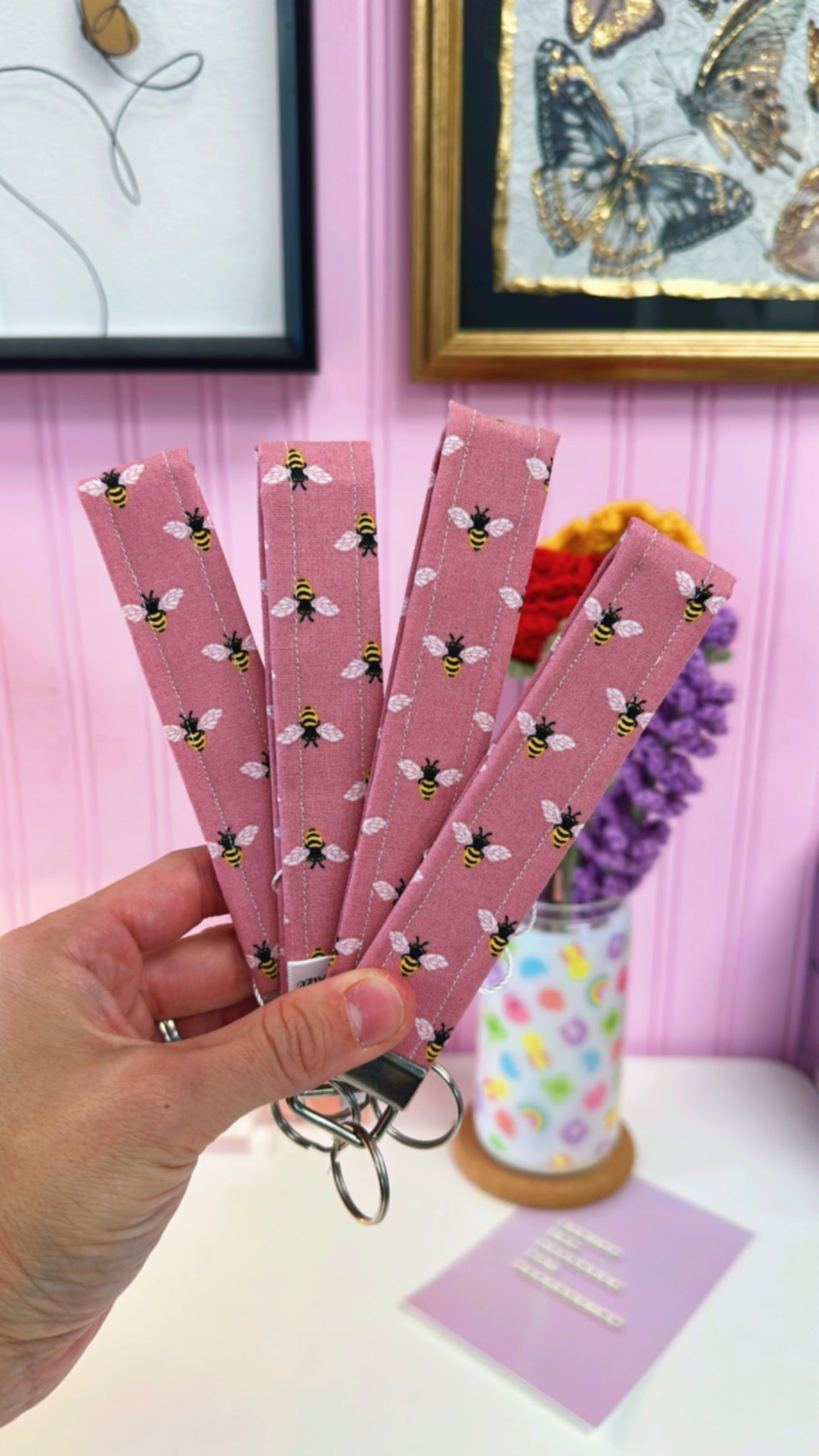 Pink Bees Keychain Wristlet