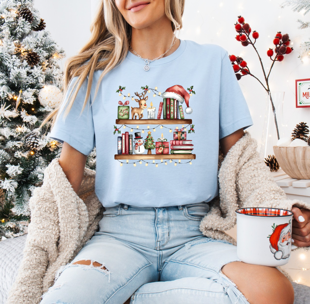 Holiday Bookshelf T-shirt (Light Blue)