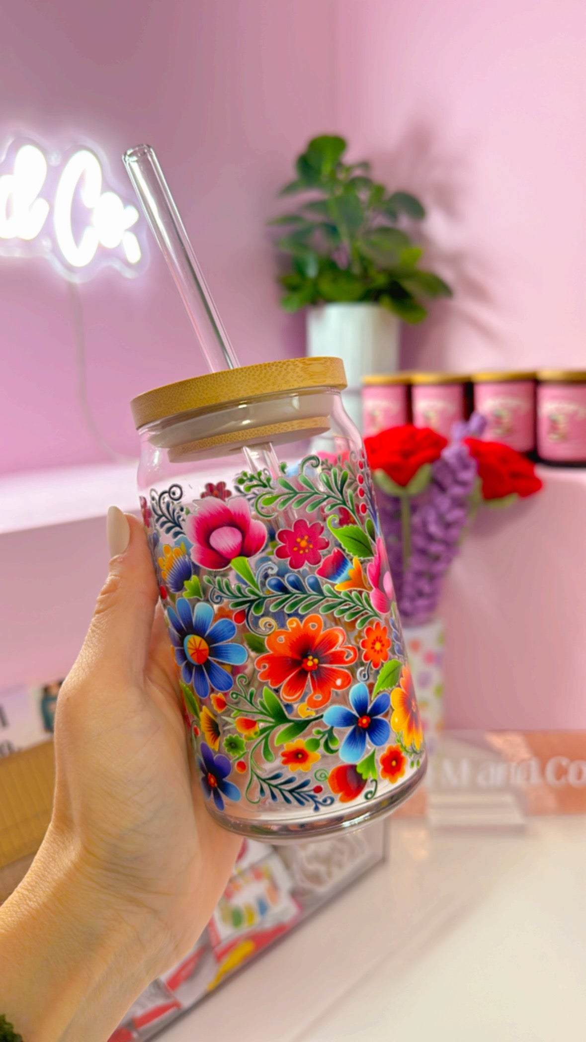 Colorful Floral Wrap 16 oz Glass Can