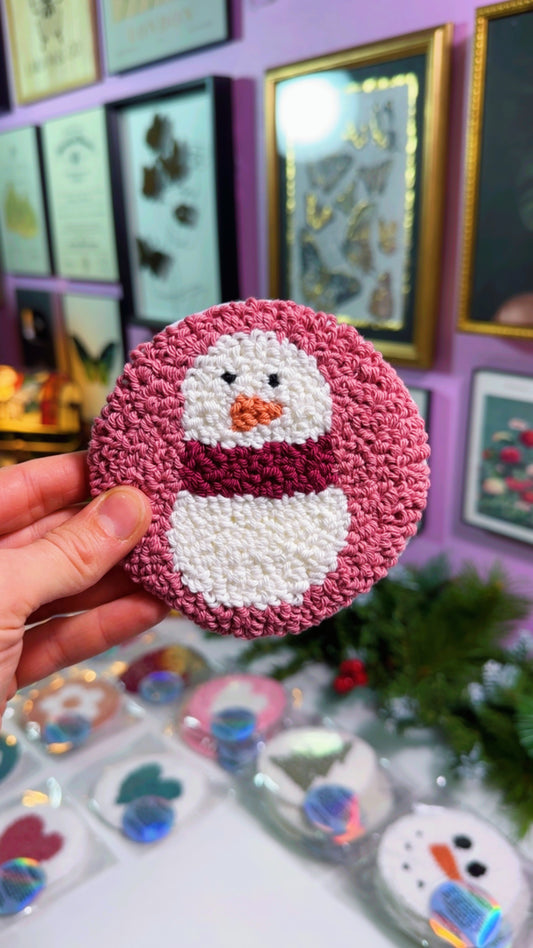 Pink Snowman Handmade Coaster