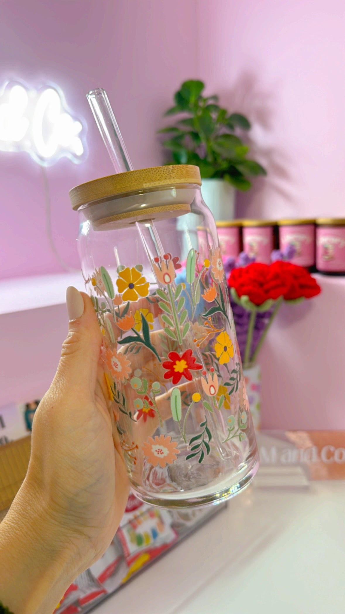 Cutie Florals 20 oz Glass Can