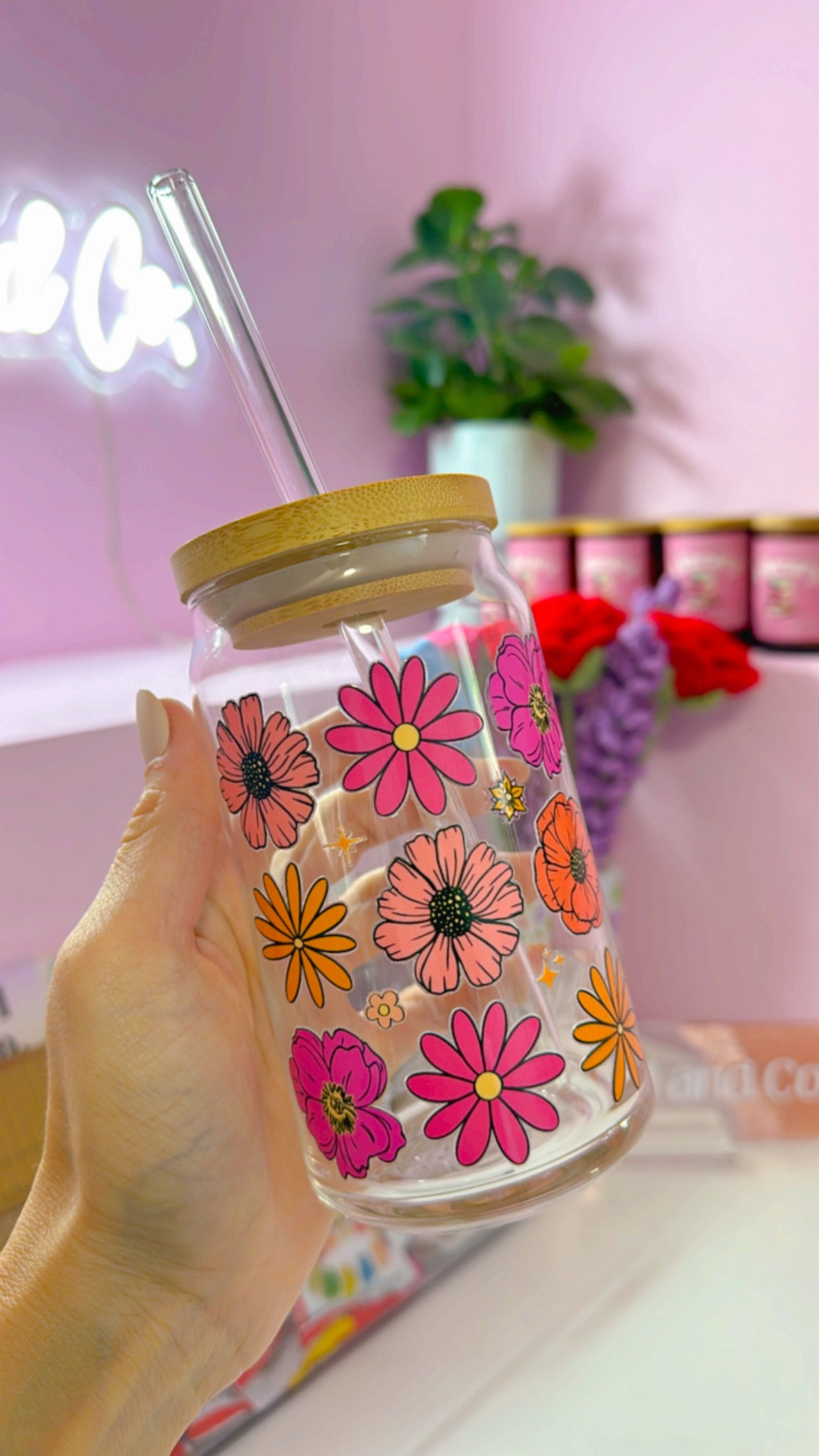 Pink Florals 16 oz Glass Can