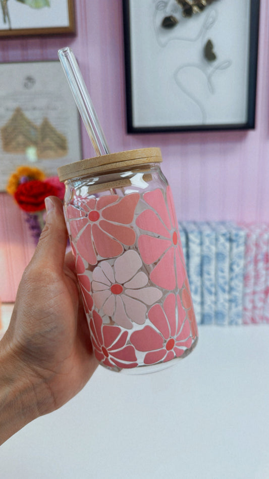 Groovy Pink Florals 16 oz Glass