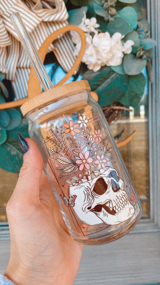 Floral Skellie 16oz Glass Can