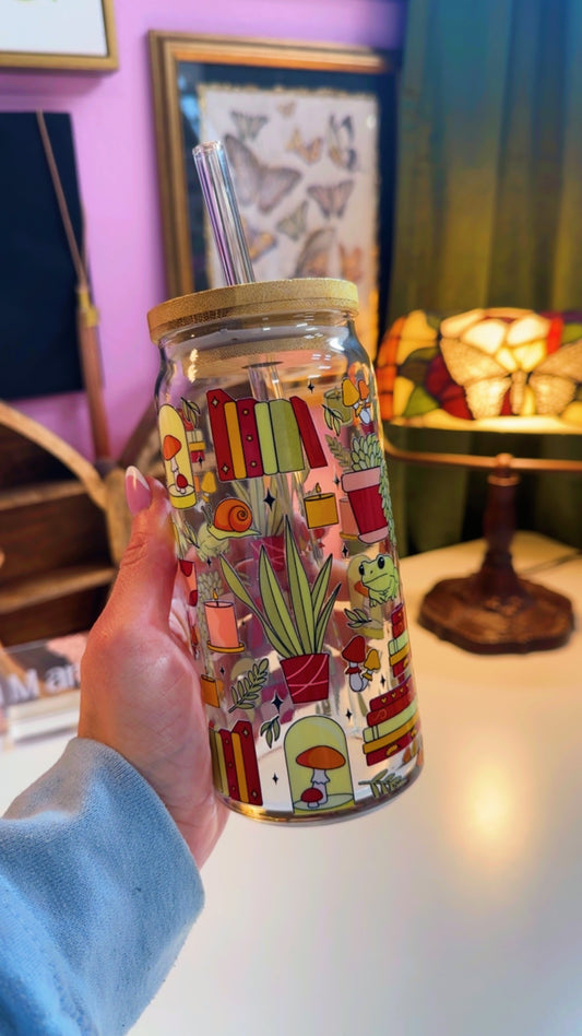 Plants, Frogs, Books 20 oz Glass Can