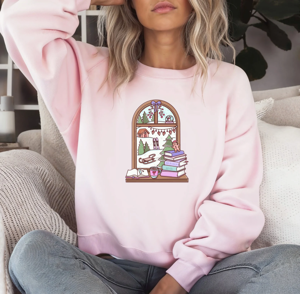 Cozy Bookish Window Crewneck (Pink)