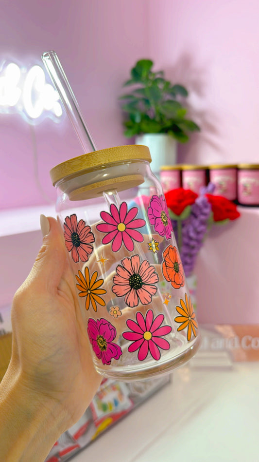 Pink Florals 16 oz Glass Can