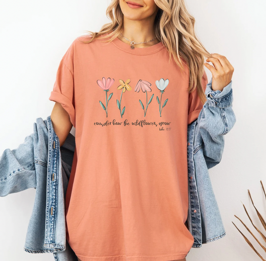 Consider How the Wildflowers Grow T-shirt (Peach)
