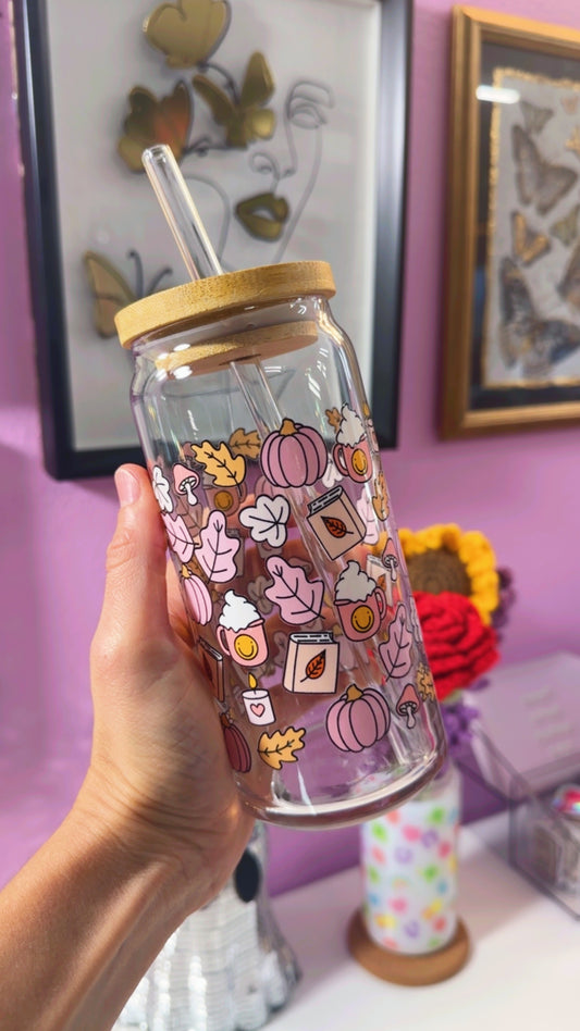 Pink Fall Doodles 20 oz Glass Can