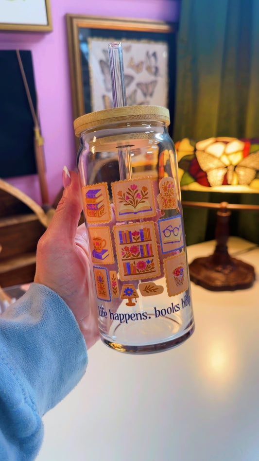 Life Happens, Books Help 20 oz Glass Can