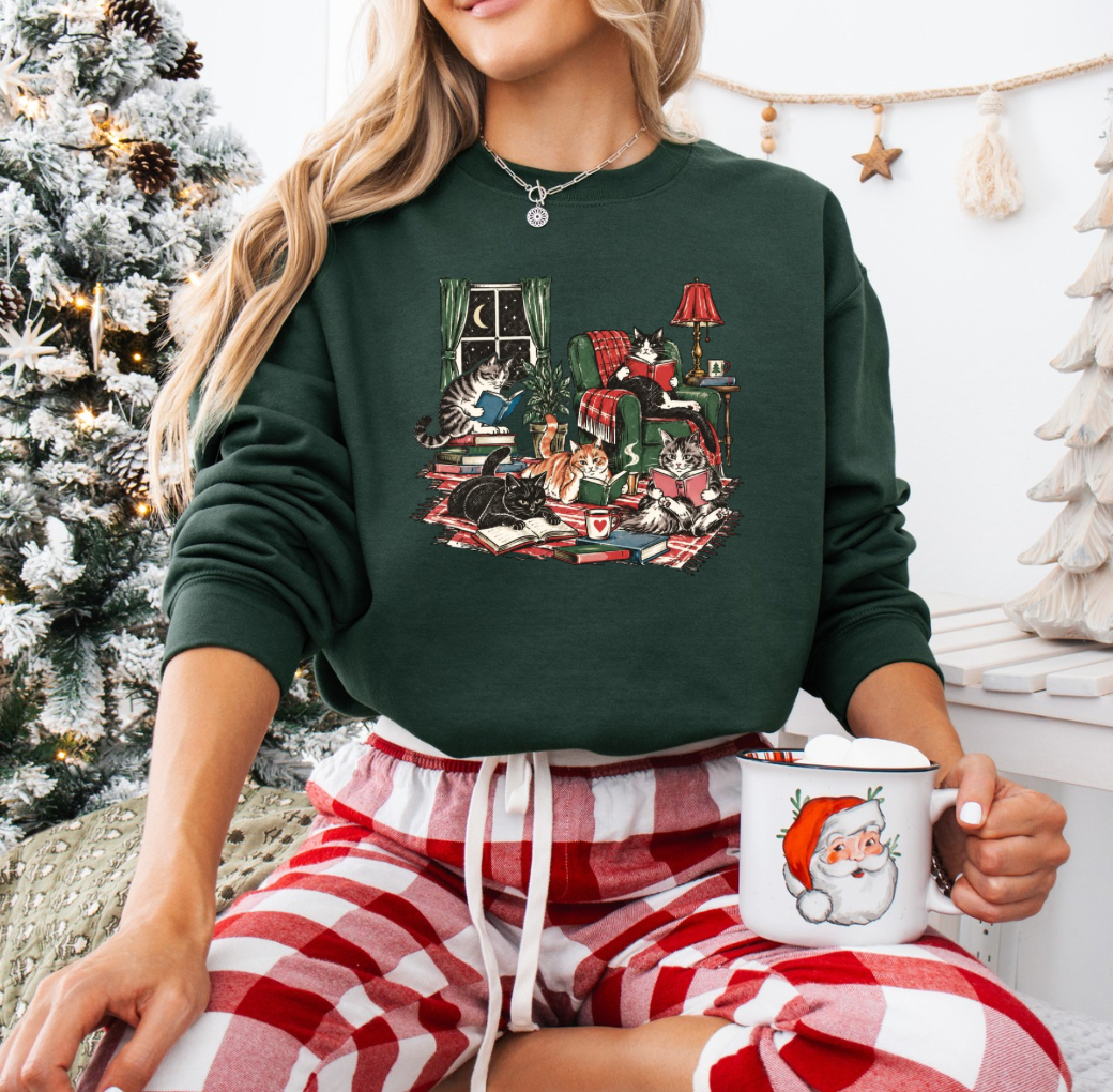 Merry Cats Reading Crewneck (Forest)
