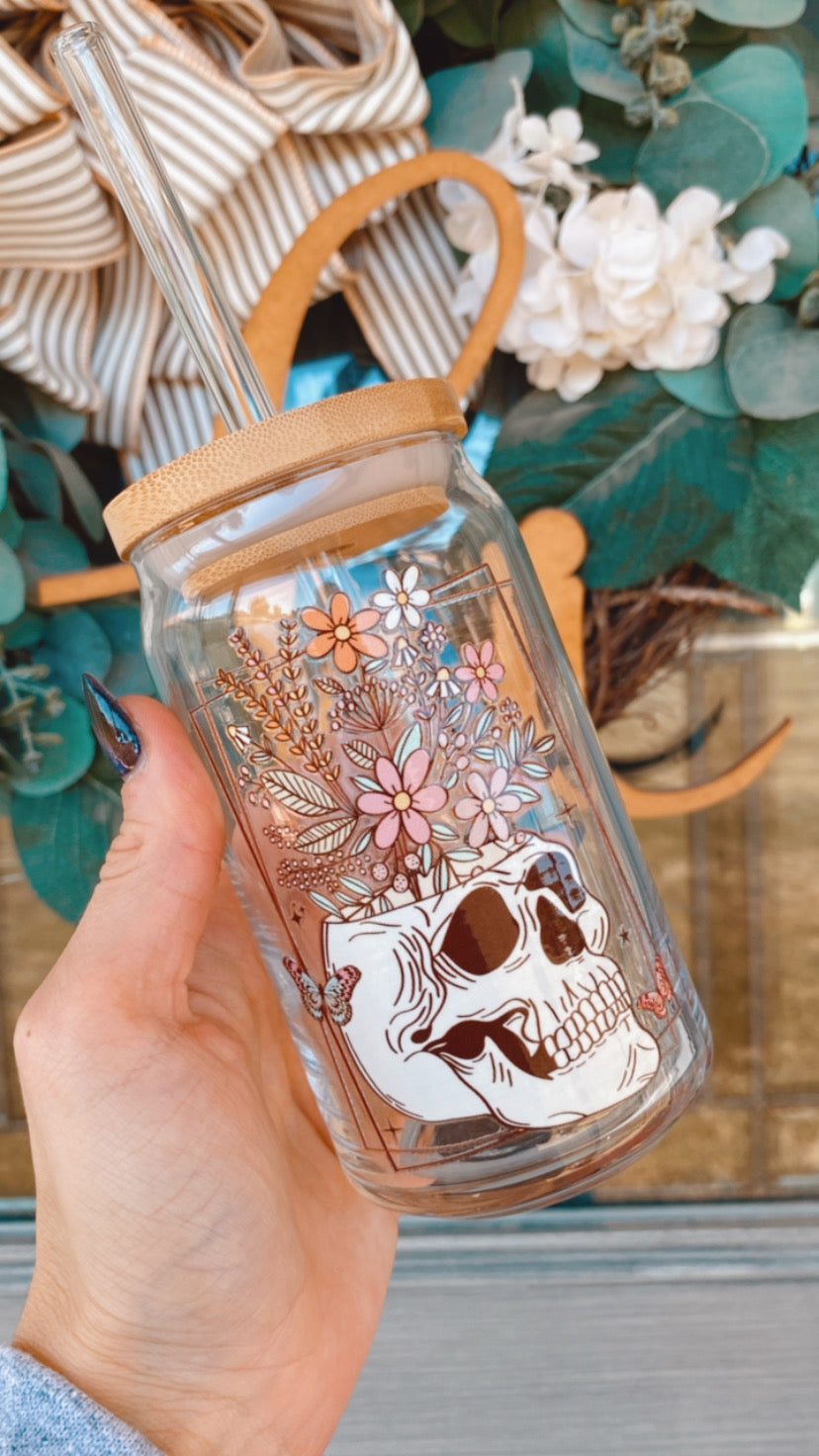 Floral Skellie 16oz Glass Can