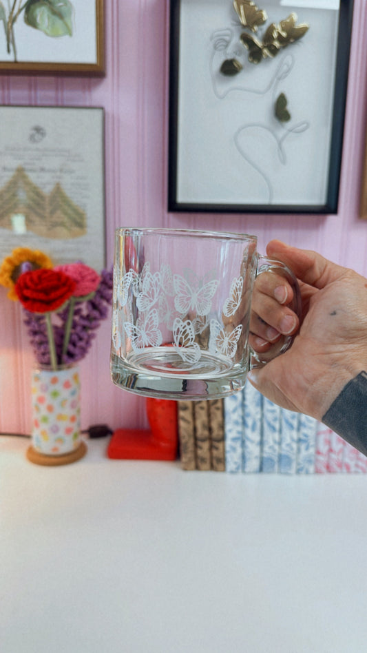 White Butterflies 13oz Glass Mug