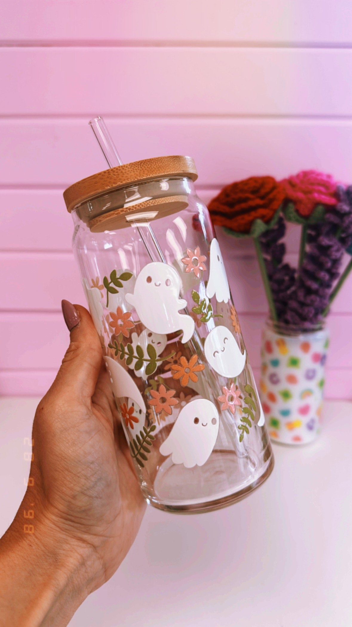 Floral Ghost 20 oz Glass Can