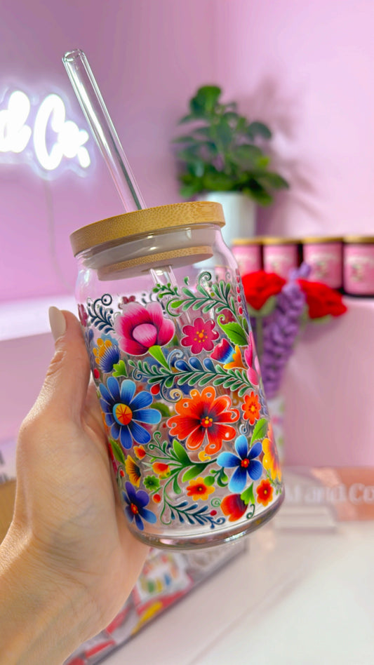 Colorful Floral Wrap 16 oz Glass Can