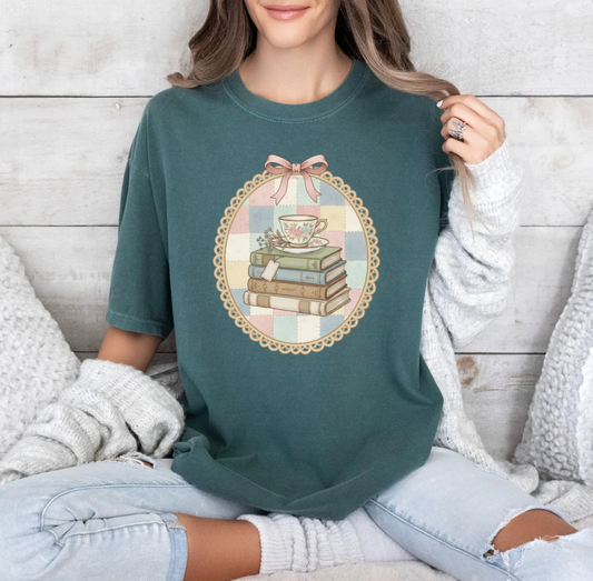 Books and Tea T-shirt (Blue Spruce)