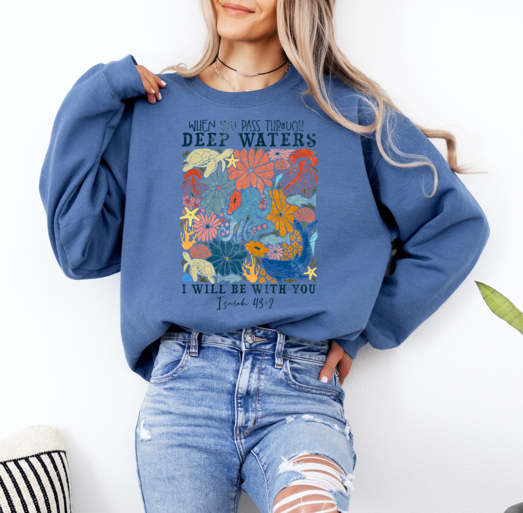 When you Pass Through Deep Waters Crewneck (Blue)