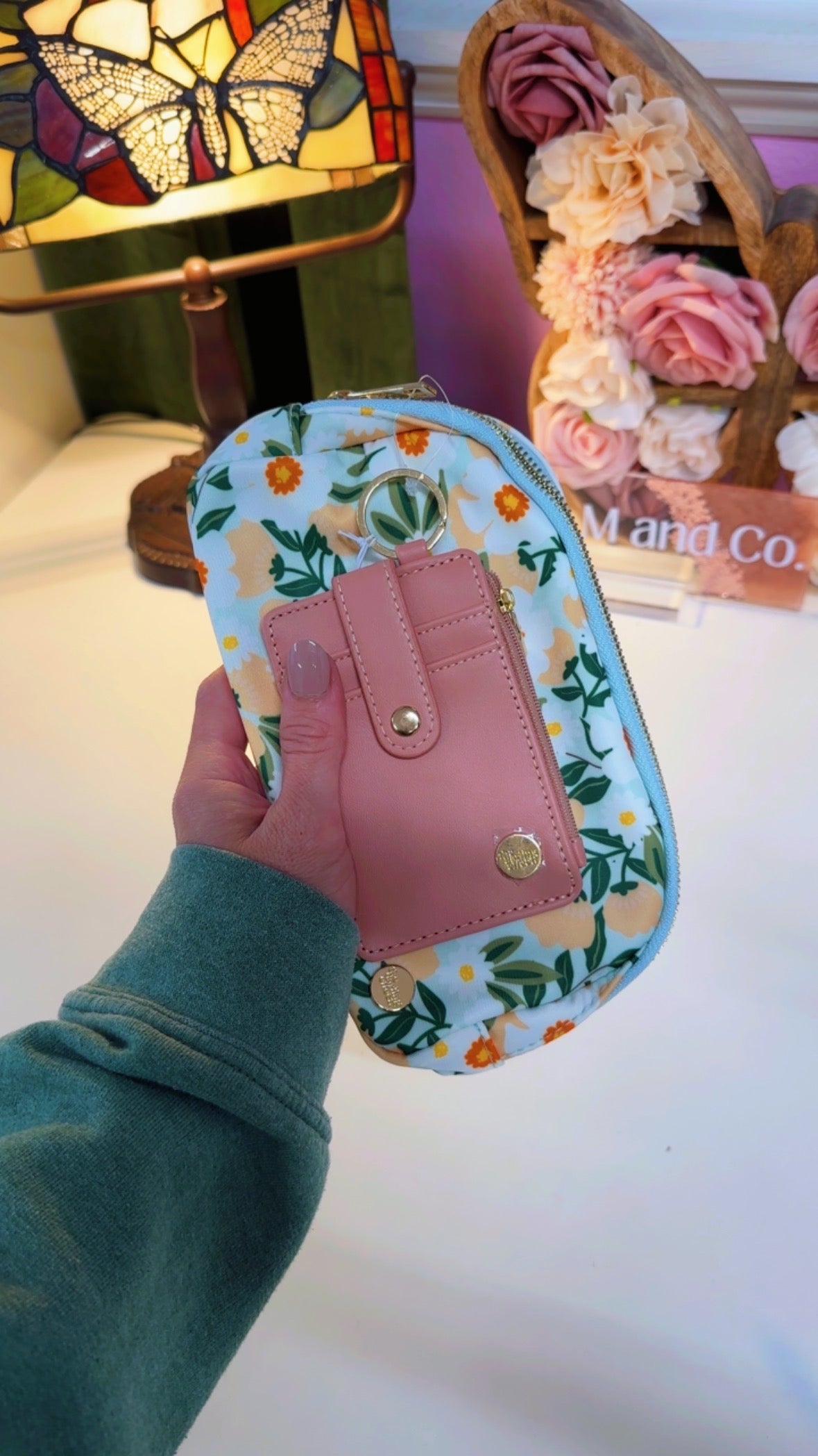 Light Blue Floral Belt Bag & Wallet Set