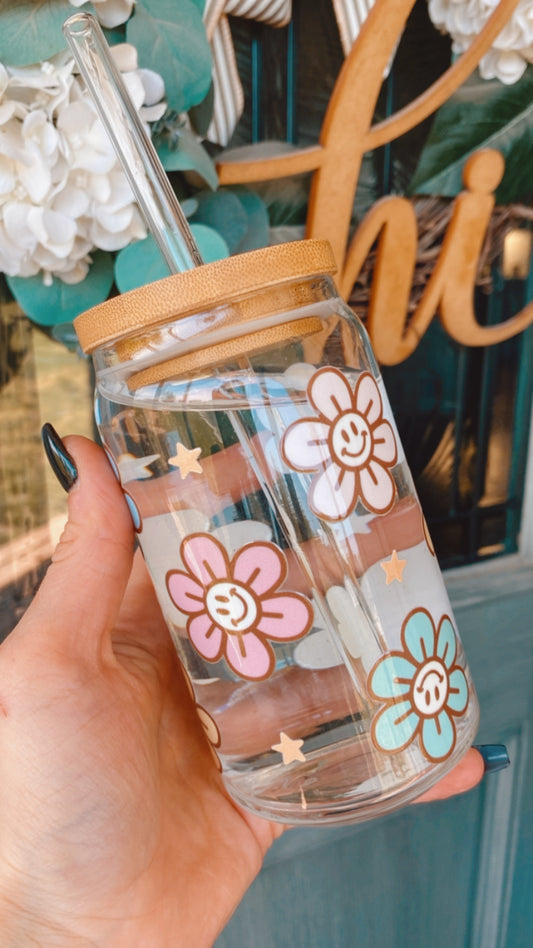 Smiling Flowers 16 oz Glass Can